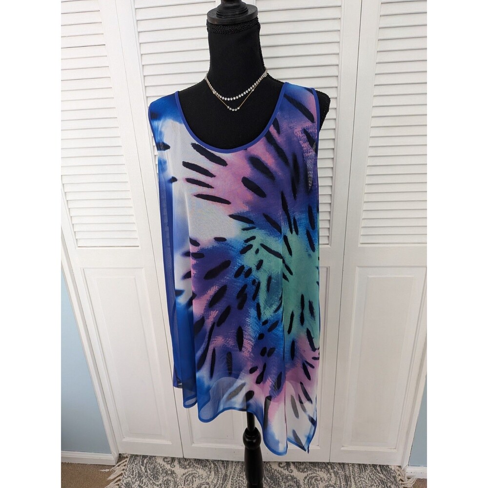 Lane Bryant Tank Top Women 22/24 Blue Multi Sheer Watercolor Asymmetrical Hem